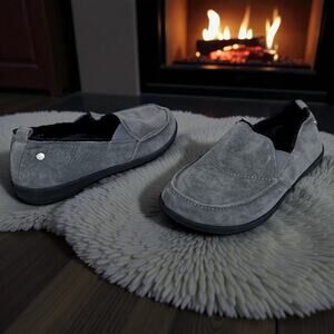 Spenco Women's 9.5 Gray Suede Leather Faux Fur Lined Slip On Shoes Slippers